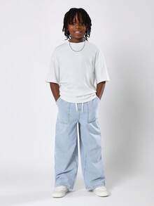 SUMWON 宽松阔腿条纹牛仔裤，舒适抽绳腰休闲日常青年裤，经典铁路图案宽松版型，四季男童裤