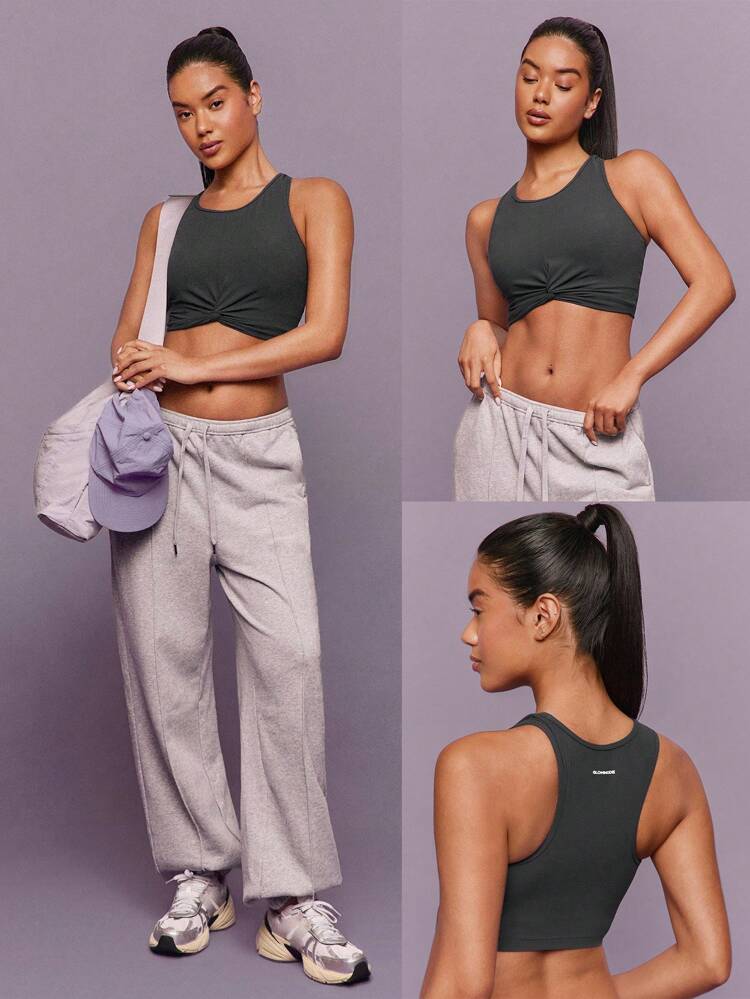 FeatherFit™ Twist And Flow Soft Stretchy Sweat-Wicking Removable Cups Racerback Twist-Front Cropped Tank Top Top Low-Impact Yoga Pilates Barre Gym Studio Daily Casual Wear  Spring Summer