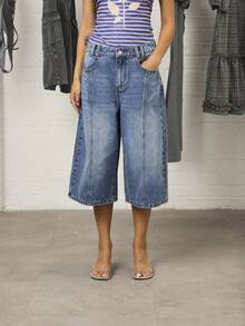 COUREZ 低腰蓝色水洗牛仔短裤/Y2K风格外出穿搭 可爱性感度假装扮 女款 - 中等水洗藍 - 查看 5