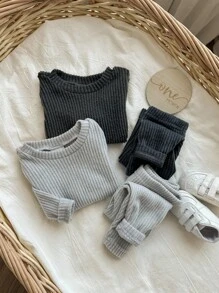 4pcs Baby Boy Solid Gray Comfortable Round Neck Long Sleeve T-Shirt And Leggings Soft Snug Fit Pajama Set