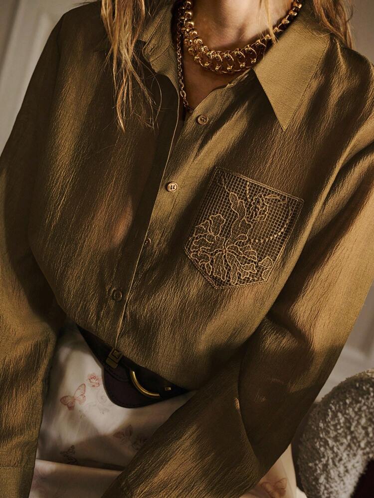 SOLID GUIPURE LACE PATCHED POCKET LONG SLEEVE SHIRT