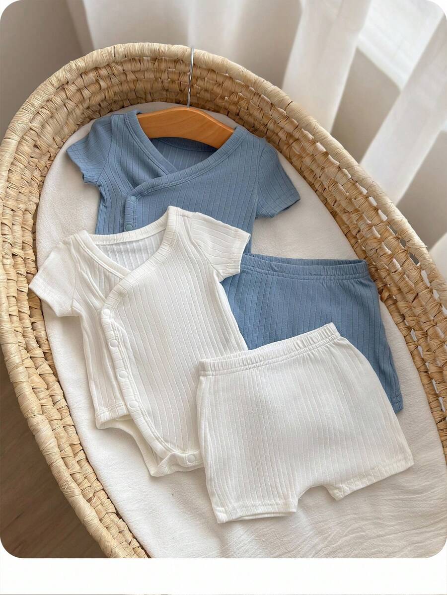 SHEIN 简约休闲针织纯色短袖上衣和松紧腰短裤四件套新生儿男女宝宝适合夏季 - 彩色 - 查看 1
