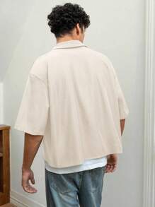 SWAVVY Áo sơ mi nam tay ngắn dệt rộng rãi, thời trang và trẻ trung, đi học - Màu be - Xem 2