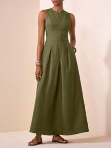 Zivah 2025夏秋新款休闲优雅绿色圆领无袖半开拉链大A字伞裙女式超长连衣裙，日常、购物、返校、穿搭、度假、派对、聚会、通勤皆宜。 - 橄欖綠 - 查看 4