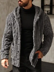 Manfinity Homme 男士长袖休闲纯色连帽外套，秋冬季百搭单品 - 灰色 - 查看 3