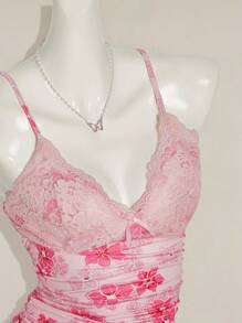 Sweetina Women's Y2K Summer Women Going Out Elegant Floral Print Contrast Easter Top, Everyday Wear Lace Camisole - Pink - View 9