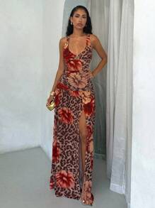 Glamine Leopard Floral Pattern Women Long Dress, Stretchy Jersey Fabric, Sexy Elegant Beach Sundress For Summer Holiday--Floral Pattern Random Fall Women Clothes Back To School Halloween, Christmas