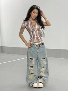 StreetHx Blue Plaid Cap Sleeve Fitted Shirt For Women - Brown - View 6