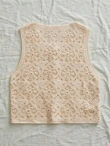 Travachic 女士纯色圆领无袖单排扣休闲镂空针织上衣 - 米色 - 查看 2