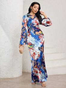 Veilorie 女士优雅扎染绿色印花喇叭袖连衣裙，系腰带和美人鱼下摆，长款缎面连衣裙 - 藍色 - 查看 5