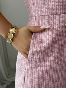 Elenzga 女士粉色粗花呢纹理面料小格子方领无袖双排扣金属纽扣装饰腰部收紧连体裤，优雅精致，适合感恩节和万圣节 - 粉色 - 查看 6