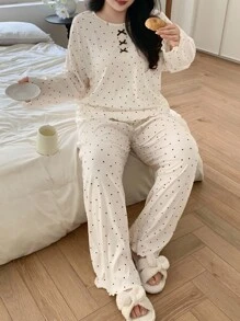 Dazy Plus 大码女式蝴蝶结装饰撞色蕾丝波点宽松睡衣套装，上衣和裤子，舒适套装，秋冬服装 - 白色 - 查看 7