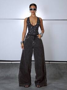 MUSERA 铆钉缝线深色水洗宽松牛仔裤，适合伊比沙岛音乐节、锐舞派对、Y2K 风格、性感铬色、外出、夜生活、牛仔、秋季、街头服饰、颓废风、俱乐部、秋季。服装、女装、女式服装、衬衫、女士服装、女式服装。时尚 - 灰色 - 查看 2