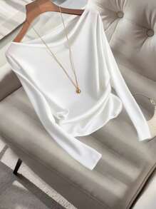 Franclia 时尚法式单肩长袖收腰白色上衣，秋冬女式T恤，秋季返校季长袖T恤，夏季假期阳光之旅度假风，全白设计，适合大学休闲春秋季穿着。 - 白色 - 查看 3