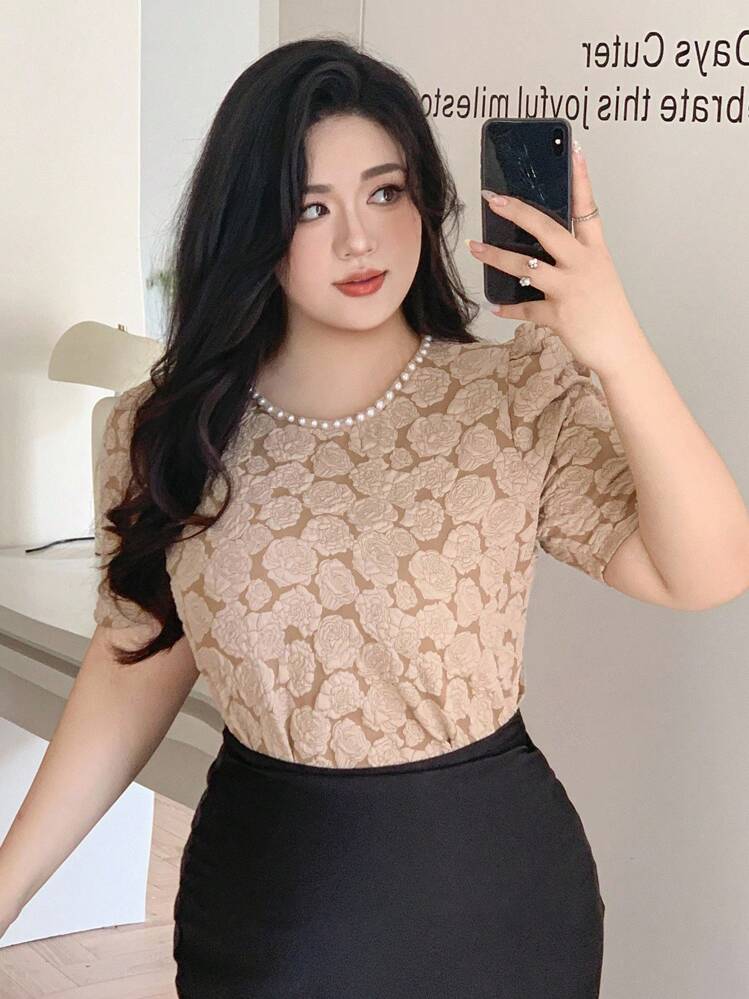 Dazy Plus 大码女式花卉印花泡泡袖优雅春秋T恤，适合派对 - 卡其色 - 查看 8