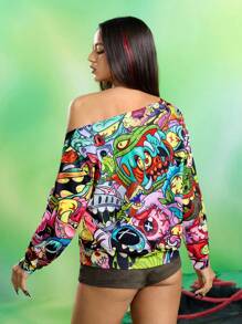 MADBALLS X SHEIN Women's All-Over Print Asymmetric Collar Long Sleeve Sweatshirt - Multicolor - View 2