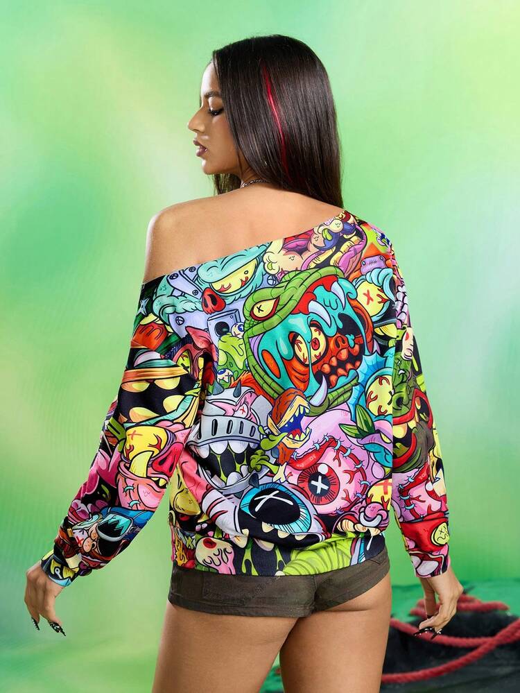 MADBALLS X SHEIN Áo nỉ dài tay cổ bất đối xứng in họa tiết toàn thân dành cho nữ - Nhiều màu - Xem 2