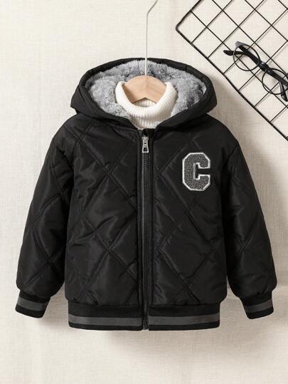 1pc Young Boy Thermal Lined Hooded Jacket, Winter, Career Day, Back-To-School, Quilted Diamond Pattern, Soft Teddy Fabric Padded Coat For Young Boys Fall