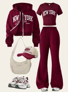 SHEIN Casuvi Kids Tween Girls Fleece Hooded Zip-Up Sweatshirt & Graphic Tee & Fleece Flared Pants 3-Piece Set Fall Winter