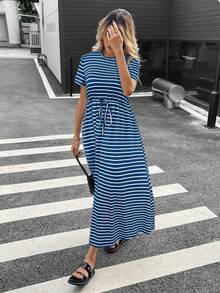 Siren Gaze 女式条纹圆领短袖抽绳腰口袋休闲中长连衣裙