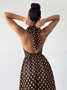 Firerie 女式复古波尔卡圆点 V 领露背喇叭腰中长连衣裙，适合情人节、音乐会、表演、约会、派对、婚礼、性感、优雅、通勤、返校、度假、海滩、浪漫 - 棕色 - 查看 3