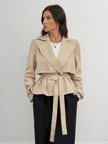 SHEIN Tall 秋冬女士纯色翻领插肩袖短款风衣系腰夹克 - 駝色 - 查看 4