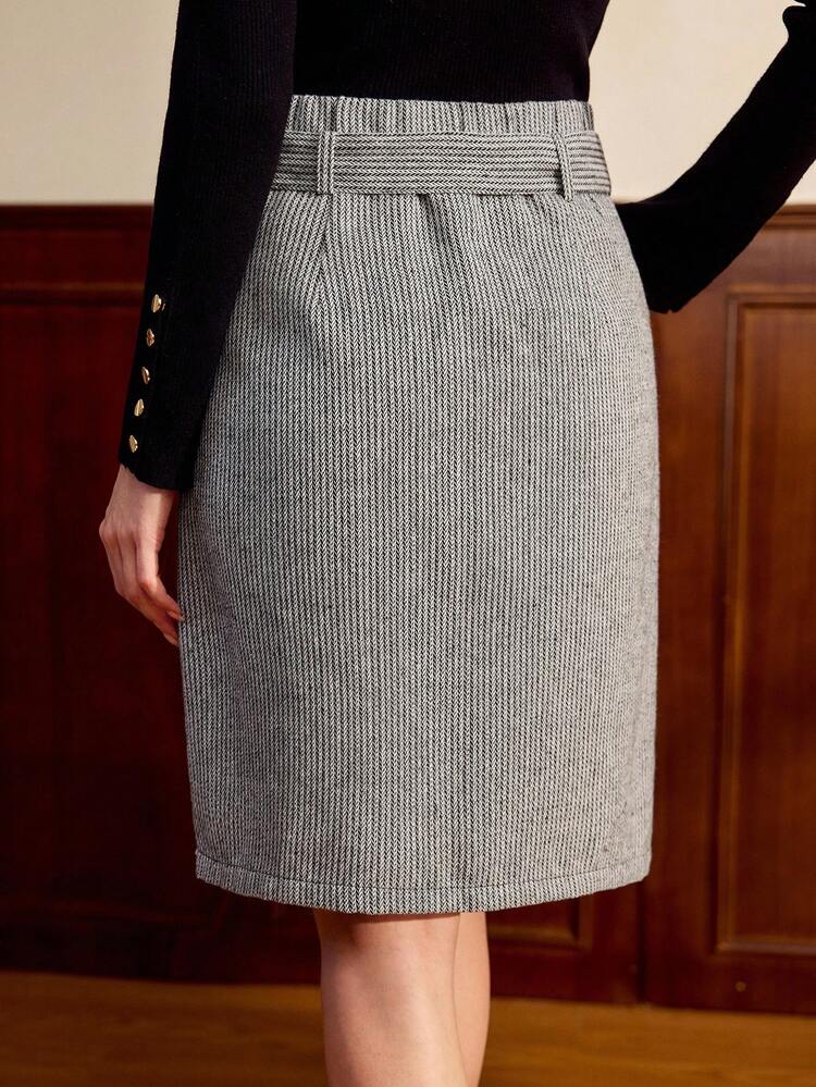 Vintamour 复古优雅女士羊毛混纺裙子，带口袋腰带金属纽扣，休闲假日紧身迷你裙，女士教师装，女士秋季装，女士秋季度假装，女士冬季装，商务休闲装，女士办公室装，女士秋季装，乡村音乐会装，圣诞节教堂装，秋季装，老钱风格装，女士优雅机场装，商务休闲装 - 灰色 - 查看 4