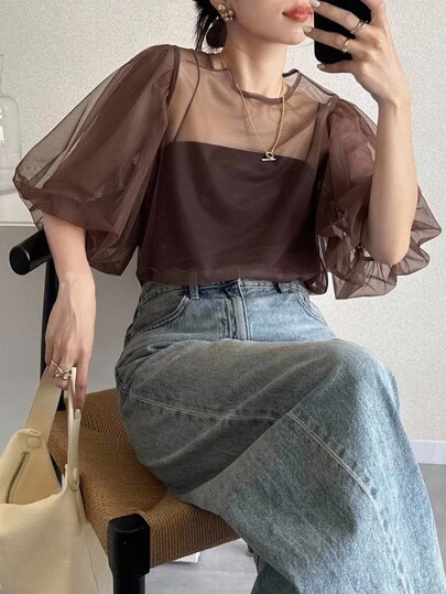 FRIFUL 女式纯棕色圆领泡泡袖透视网眼宽松休闲分层上衣
