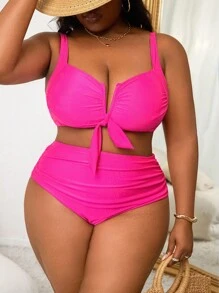 Swim Lushoire Plus Size Women's Solid Color 2-Piece Ruched Tankini Swimsuit Set, Casual Vacation For Summer - Hot Pink - View 4