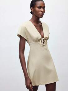 Maija 2025 Summer New Arrival Elegant Cocktail Dresses, Suitable For Wedding Guests, Brunch, Airport, Boho Vacation, Beach Music Festival, Easter, Graduation, Casual Daily Wear, With Neckline Tie, Bowknot Design, Short Sleeve, Mini Length