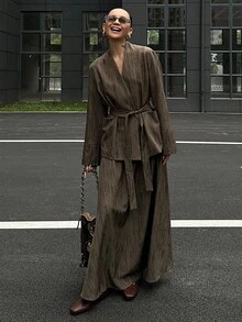 DAZY 女士时尚西装套装（西装外套和裙子）商务装 - 咖啡棕 - 查看 5