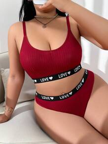 Plus Size Women Heart & Letter Knit Comfy Lingerie Set - Burgundy - View 4