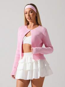 Fluxe Women's Early-Autumn Cherry-Blossom Pink Soft Knit Cardigan – Minimalist, Relaxed-Fit Long-Sleeve Sweater,Back To School,Contains Wool Content