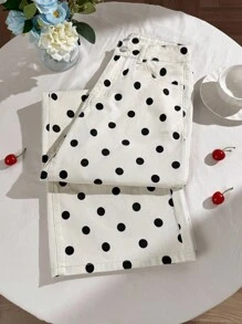 Comfortcana Women's Polka Dot Casual Versatile Wide Leg Button Pocket Jeans - Black and White - View 3