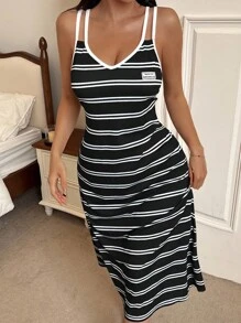 SHEIN 休闲条纹印花女士细肩带U型背睡裙 - 黑色 - 查看 3