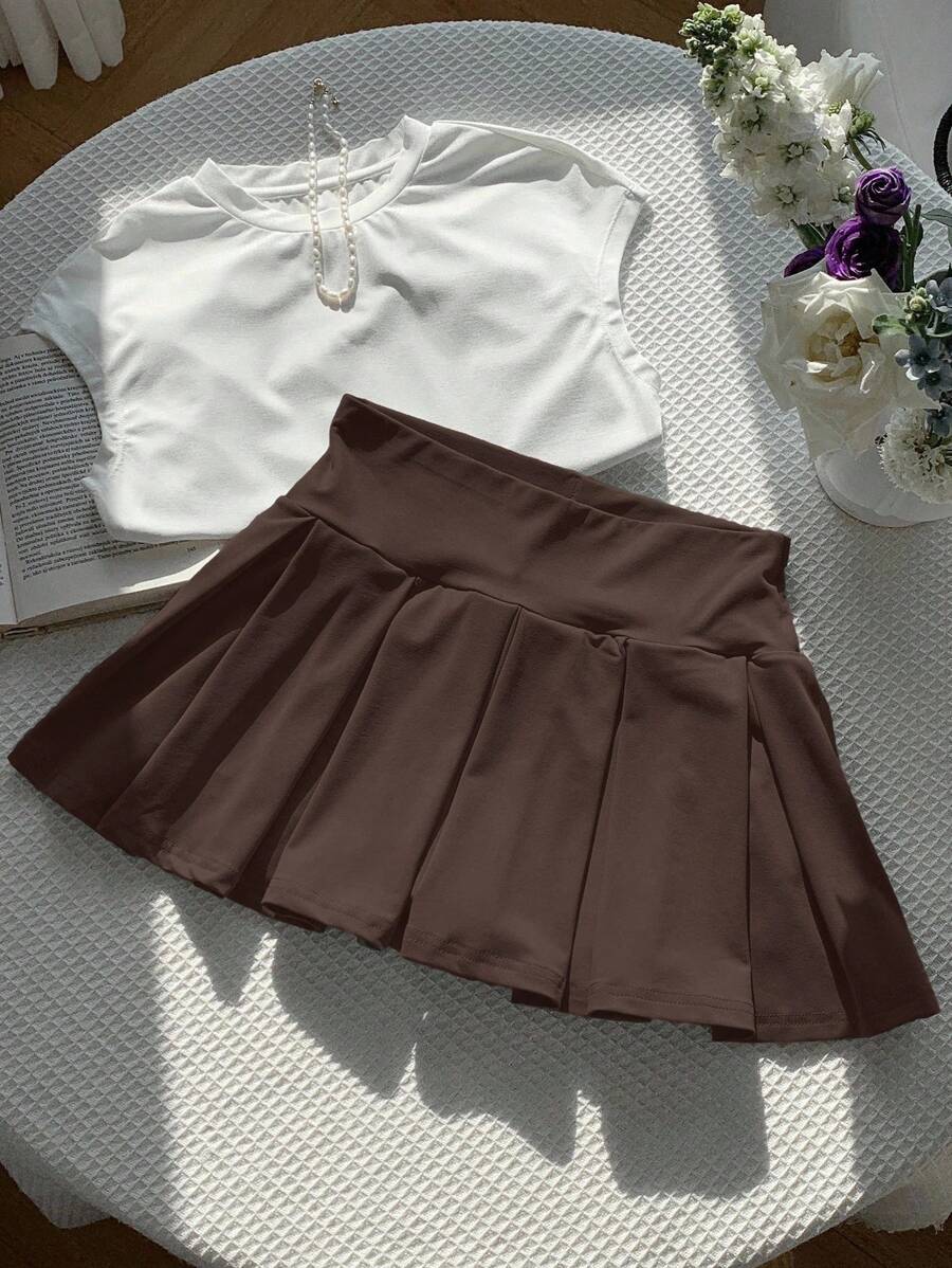 Comfortcana 女士纯色针织可爱运动百褶迷你裙