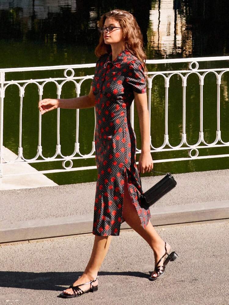 Fitted Midi Dress With Red Rose And Dot Print And Scalloped Tie Collar Teacher Dress Date Night Dress Going Out Dress Autumn Dress Spring Summer Dress