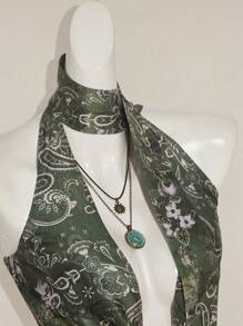 SHEIN ICON Y2k V 领西部女式波西米亚海滩女式嬉皮夏季外出复古佩斯利印花女式全身花卉印花垂坠性感吊带背心，夏季度假休闲 - 綠色 - 查看 7