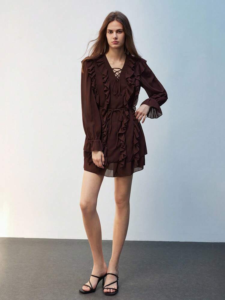 Maija Women's Solid Color Tie-Up Design Ruffle Hem Long Sleeve Elegant Blouse Modern Vacation Nomadic Casual Fashion All-Match Women's Country Concert Clothing Western Style Women's Clothing Nomadic Style Bohemian High-End Elegance All-Match Country Concert Clothing Ruffle Stitching Design Decorative Embellishment  Country Concert, Western Style Clothing, High-Grade Fabric, Comfortable And Breathable Fall Clothes - Black - View 5