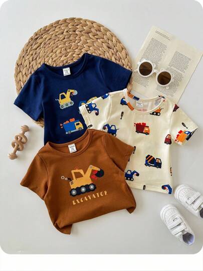 Set de 3 piezas Conjunto de ropa unisex para bebé con gráficos de corazón y coche, cuello redondo, manga corta