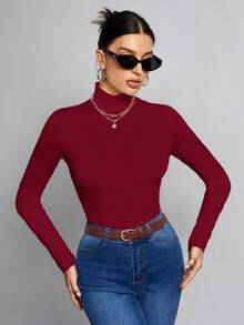 SHEIN Tall Simple Solid Color Slim High Collar White Top Suitable For Autumn And Winter,Red Top - Burgundy - View 7