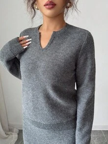 Elenzga 女士秋冬阿尼乌苏秋季上衣节日独立日灰色音乐演唱会复古教师斯德哥尔摩优雅百搭针织毛衣和裙子2件套 - 灰色 - 查看 4