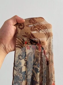 Flirla 加大码女式腰果花卉印花撞色蕾丝 V 领喇叭袖时尚衬衫 - 彩色 - 查看 8