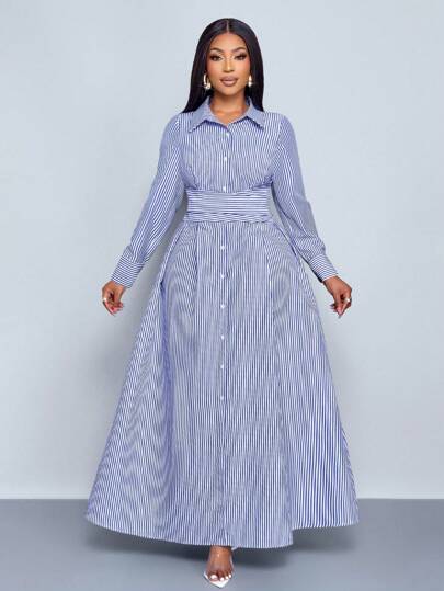 SOLERSUN 大码秋季款式新款衬衫领宽袖口双纽扣褶皱腰系带蝴蝶结大号 A 字裙条纹纽扣长衬衫裙劳动节优雅通勤简约日常休闲时尚女装，蓝白条纹扣带裹肩带，万圣节，圣诞节，新年，秋冬女装