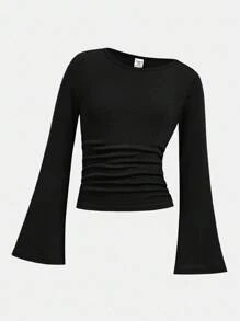 Girlism Tween Girl Multicolor Fall Rib-Knit T-Shirts With Flare Sleeves And Boat Neckline, Long Sleeve Crop Top, 3 Packs Top Winter