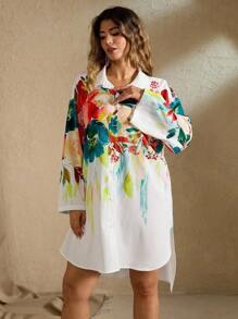 SHEIN MOOSTA فستان قميص كاجوال مطبوع بطباعة رقمية ثلاثية الأبعاد بزهور للنساء ذوات الأحجام الكبيرة للشاطئ والعطلات