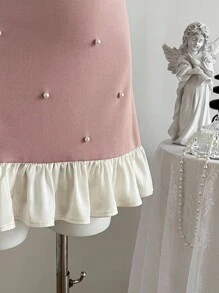 SHEIN MOD Vestido mini rosa para mujer con lazo beige y decoración de perlas, vestido corto de invierno, vestido formal, vestido de fiesta, vestido de Año Nuevo