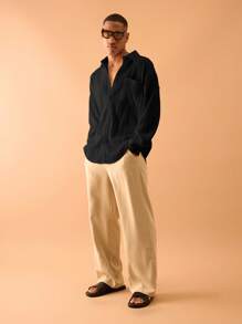 Musero Textured Plisse Long Sleeve Button Through Shirt Summer Streetstyle Vacation Casual - Black - View 4