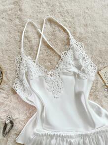 SilkySpell Lace Trim V-Neck Backless Silk-Like Women's Camisole & Shorts Pajama Set Lace Pajama Set Lace Sleep Set Bridal Pj Set Lingerie Sleep Set - White - View 4