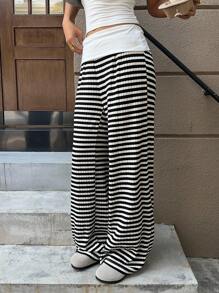 SHEIN EZwear Fall Clothes For  Women's Black And White Contrast Striped Casual Loose Straight Pants Business Casual Women - Multicolor - View 5